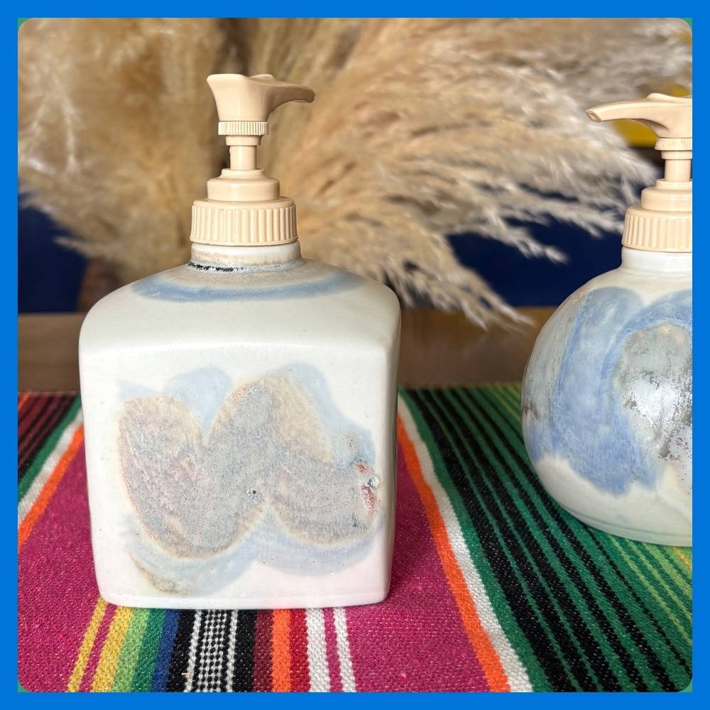 Handmade Studio Pottery Soap Dispenser Set Drip Glaze Stoneware‎ Boho Decor 2pc